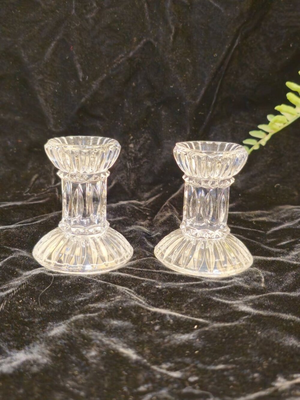 Vintage Pressed Glass Candle Holders Pair  Elegant Ribbed Design  3.5 Inches Tal